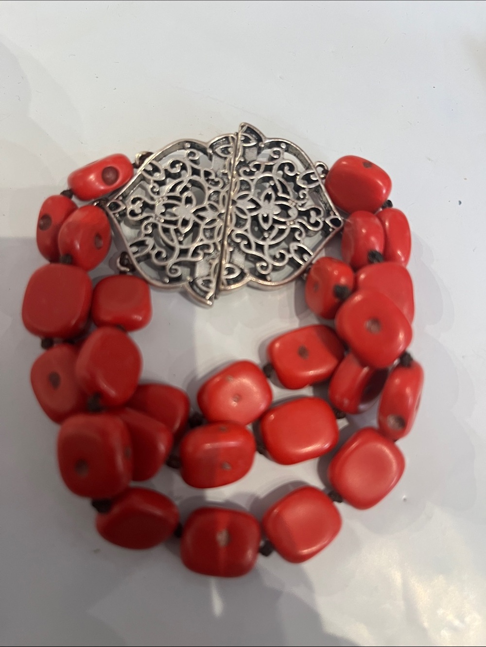 Vintage coral Red Beaded Triple Strand Bracelet with Filigree magnetic Clasp
